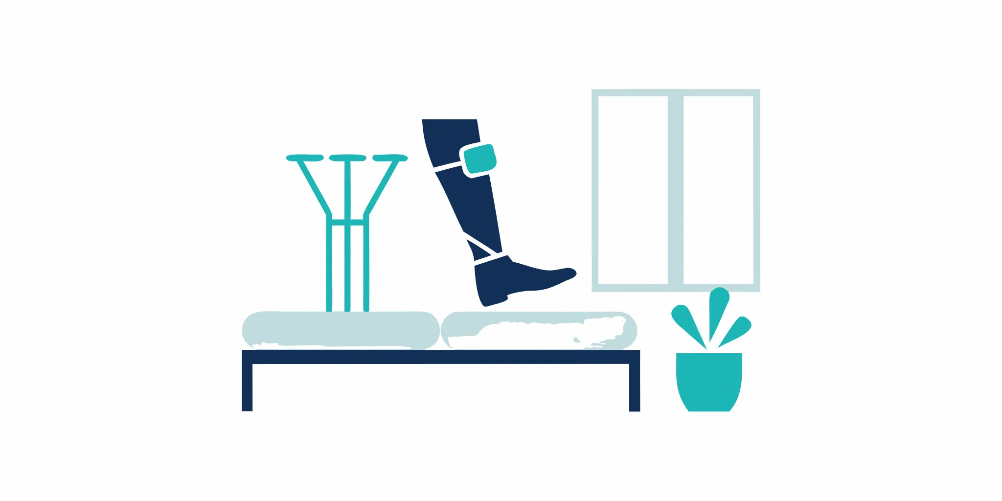 A person recovering from a foot fracture with a casted foot elevated on pillows beside crutches.