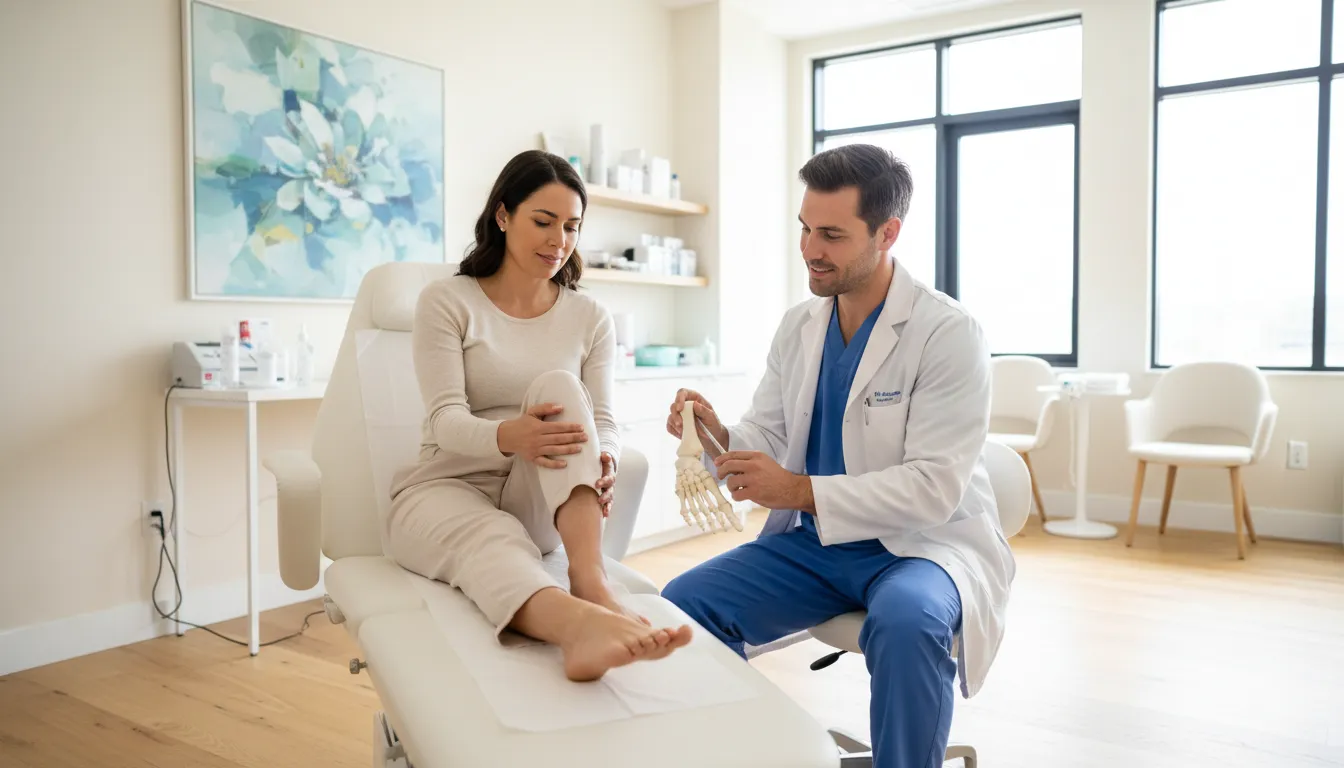 Podiatrist evaluating heel pain causes in a clinic
