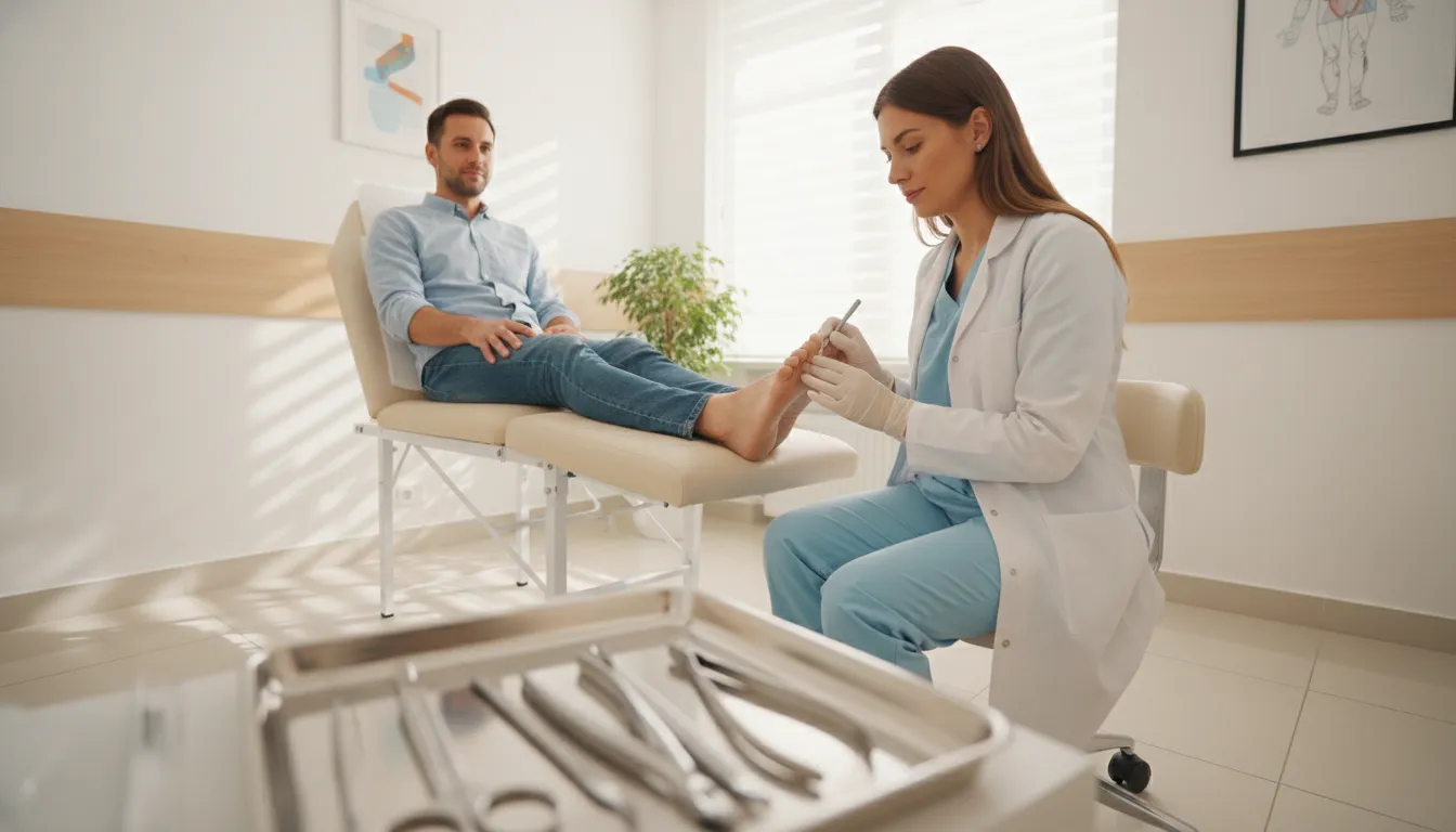 Podiatrist examining a patient toe for ingrown toenail removal
