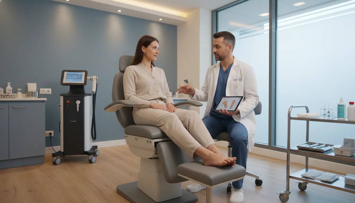 Podiatrist discussing shockwave therapy for heel pain options