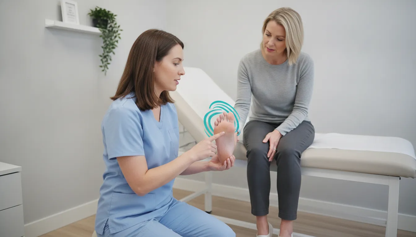 Podiatrist educating a patient about foot skin care in a bright clinic