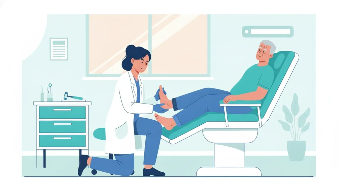 Podiatrist examining a diabetic patient's foot in a quiet Katy clinic
