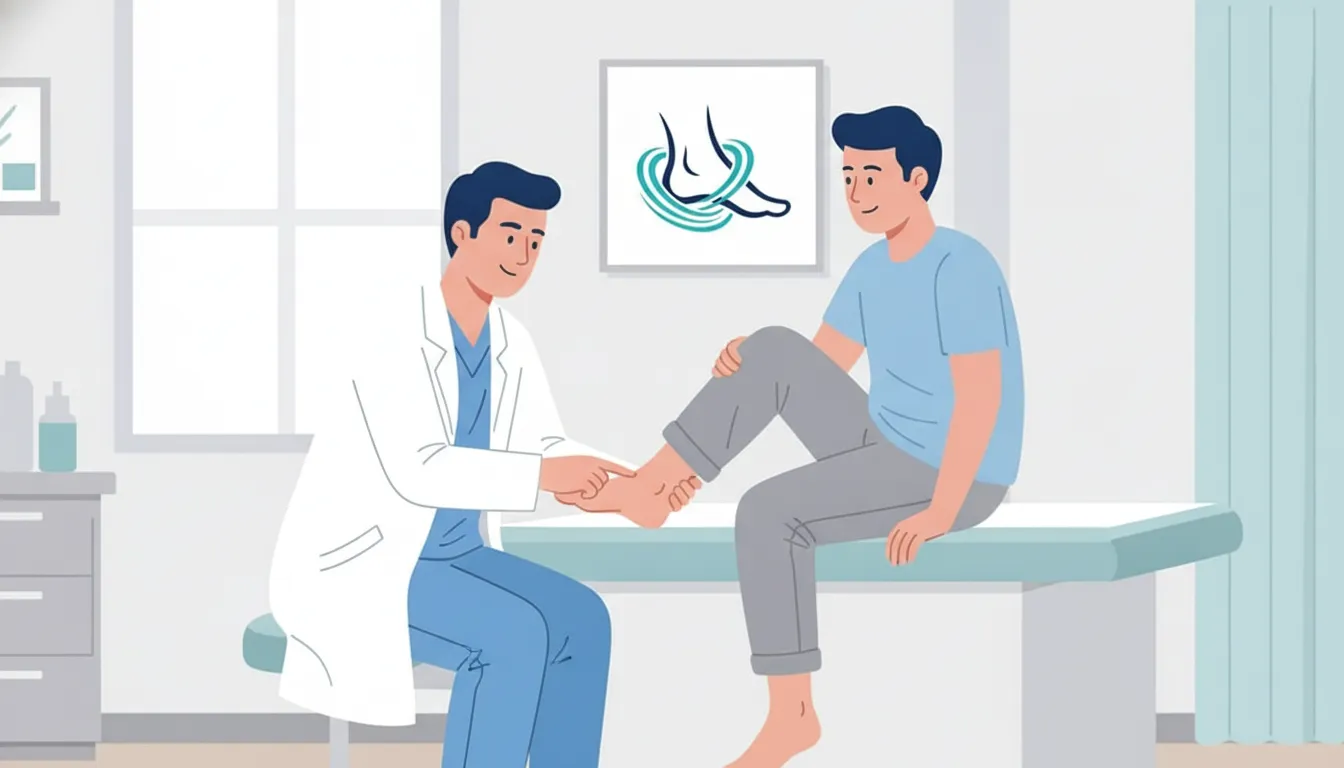 Podiatrist examining a patient's heel in a bright clinic