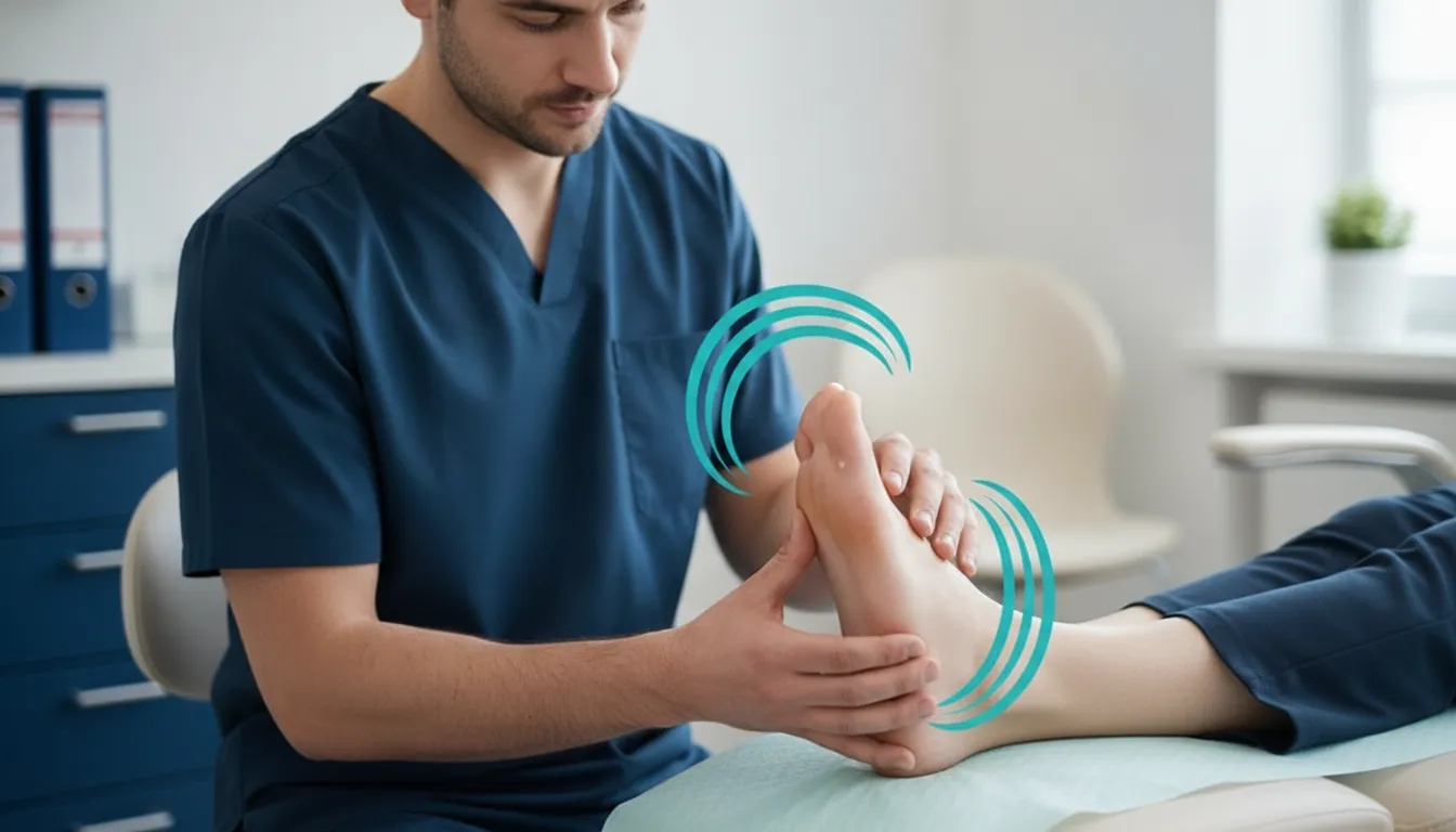 Podiatrist examining a patient's foot near the big toe