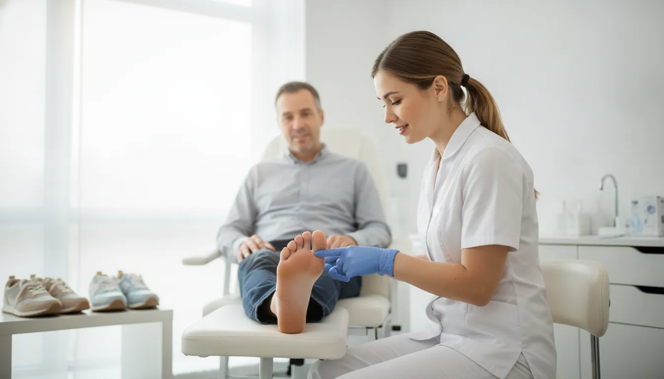 Podiatrist discussing foot blister care with a patient