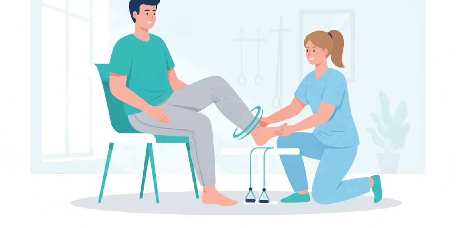 Patient practicing a balance exercise with a physical therapist after an ankle fracture