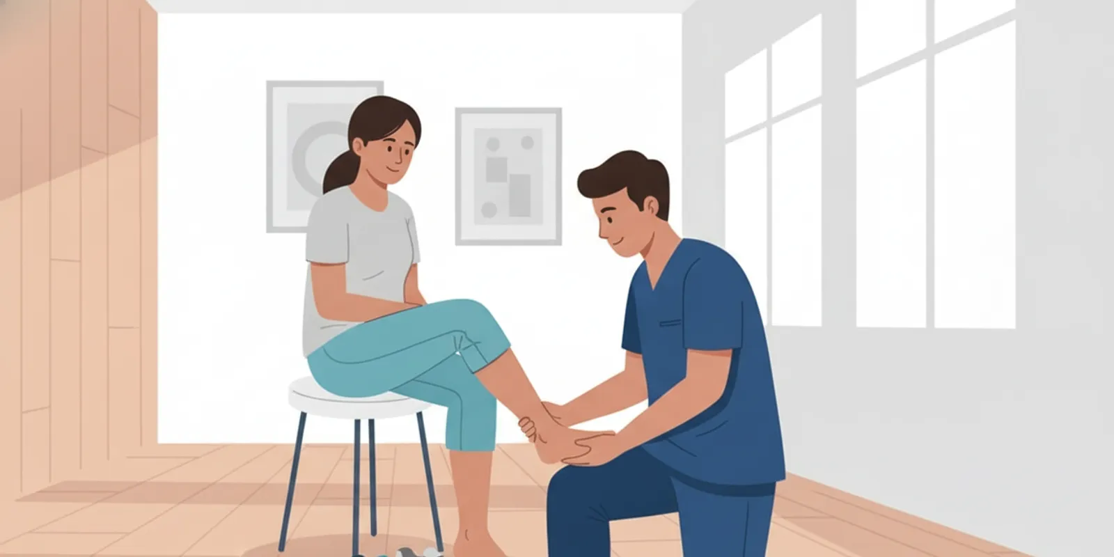A clinician examining the ball of a patient's foot during an appointment